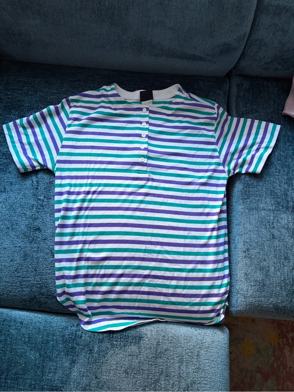 Women’s Vintage Jantzen Short Sleeve Striped Henley Shirt - White, Blue & Purple
